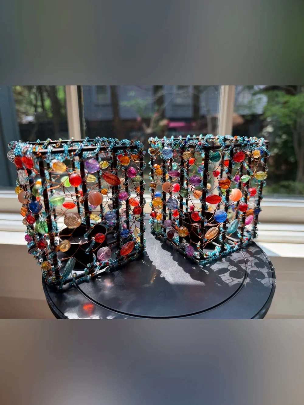 Bohemian EUC Set of 4 Handmade Multicolor Glass Beaded Candle Holders
